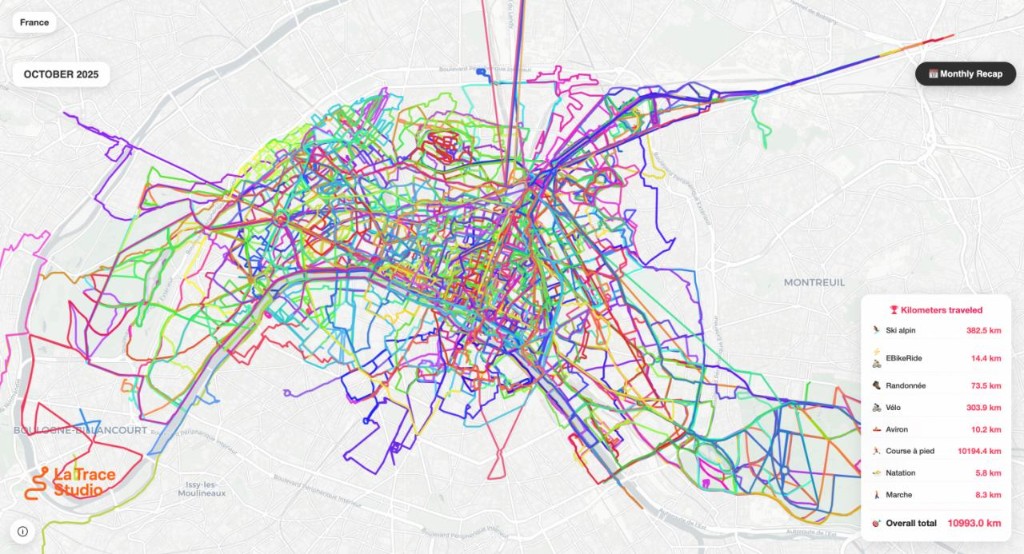 Carte complète avec statistiques de kilomètres par sport